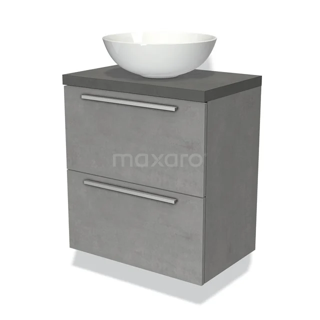 Grauer Badschrank mit zwei Schubladen, keramischem Aufsatzwaschbecken und mattem Betonlook-Finish. Modernes Design für stilvolle Bäder.