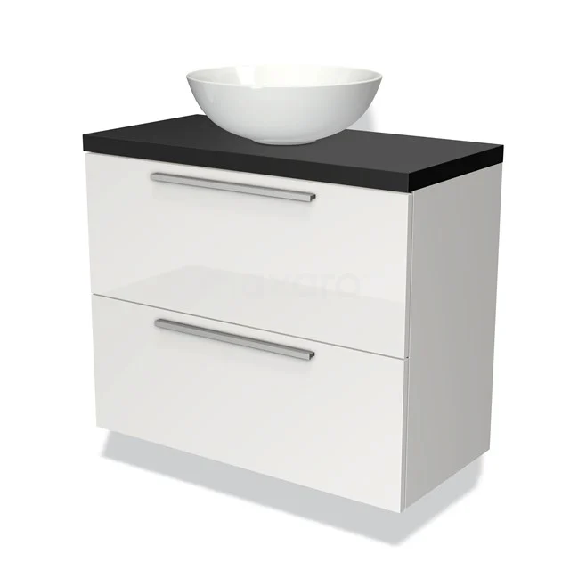 White vanity unit with black top, round countertop basin and two drawers; modern bathroom design.