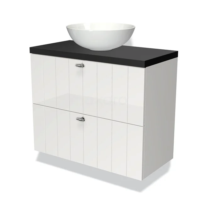 Weißes Badezimmermöbel mit schwarzer Platte und keramischem, komforment Waschbecken, modernes Design mit zwei Schubladen.