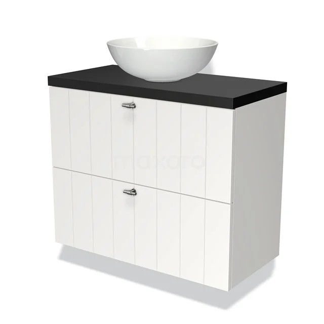 Badmöbel mit Konsole 80cm Modulo Plato Slim Matt Weiß 2 Schubladen Laminat BMK37-01000 Weißes Badezimmermöbel mit schwarzer Platte und rundem Aufsatzwaschbecken, ausgeführt in modernem Design mit doppelten Schubladen.