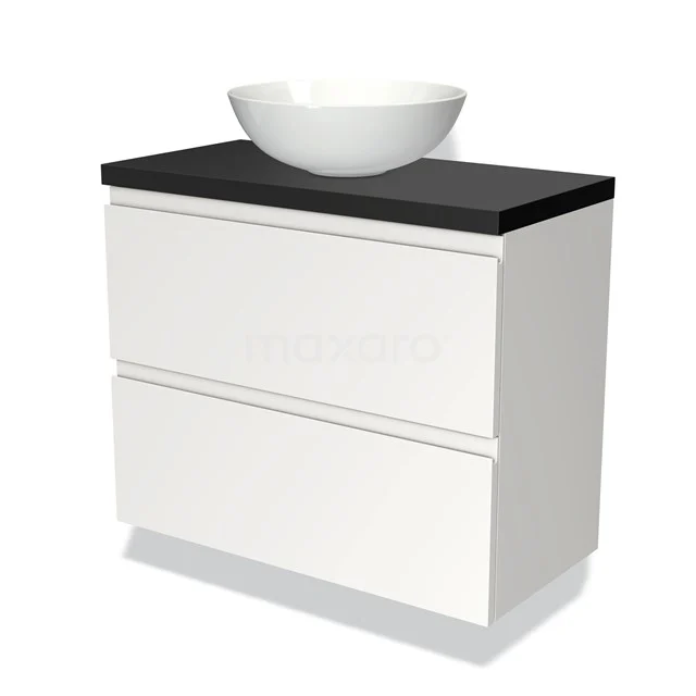 Weiße Badmöbel mit schwarzer Platte und rundem Aufsatzwaschbecken, modernes Design, ideal für eine stilvolle Badezimmer Einrichtung.