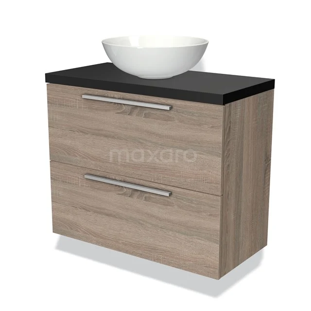 Hölzernes Badezimmermöbel mit zwei Schubladen, schwarzer Platte und modernem Aufsatzwaschbecken; kompaktes Design für ein stilvolles Badezimmer.