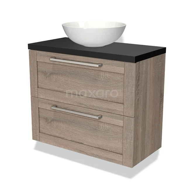Houten badkamermeubel met waskom, licht eikenhout, zwarte bovenblad en metalen handgrepen, ideaal voor moderne badkamers.
