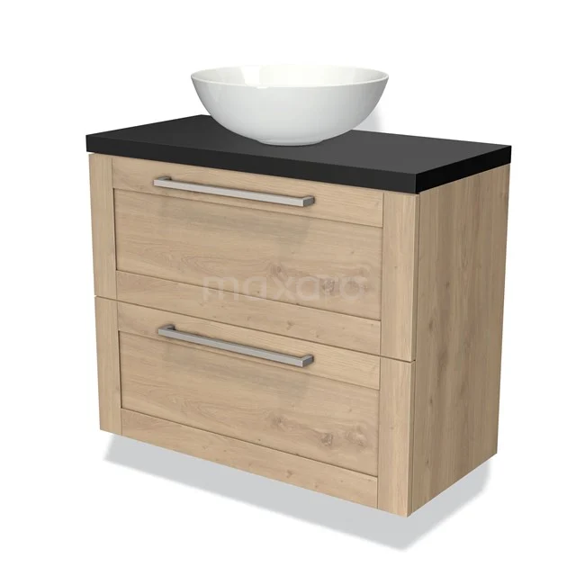 Houten badkamermeubel met waskom, zwart blad, twee lades en metalen handgrepen, modern design voor stijlvolle badkamers.
