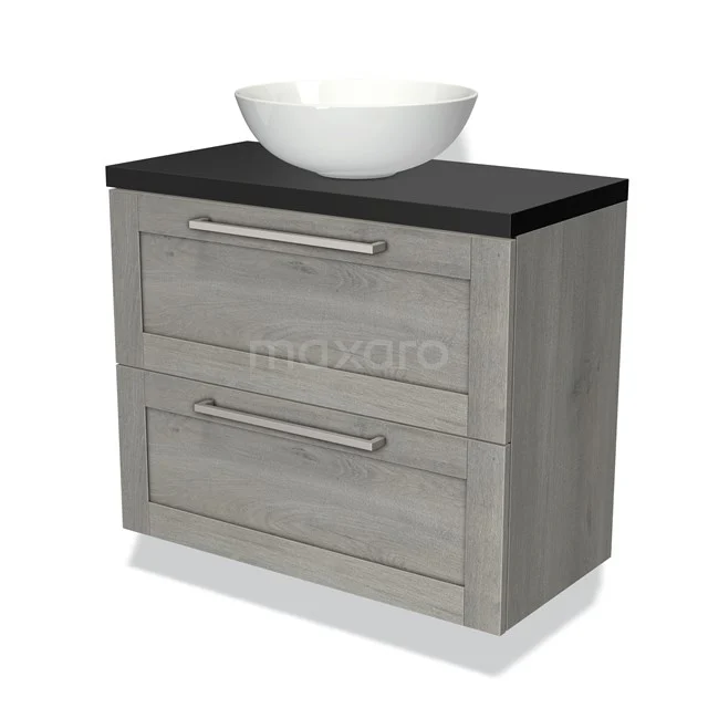 Grijs wastafelmeubel met houten look, zwarte blad en witte waskom, ideaal voor een moderne badkamer inrichting.