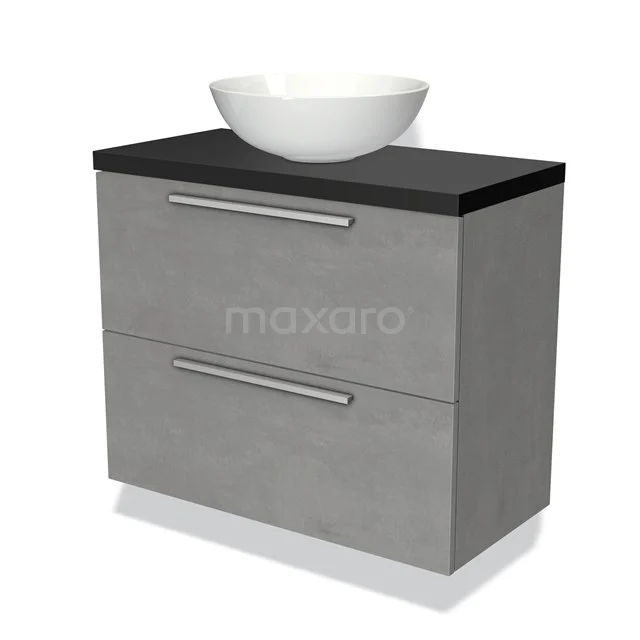Grijze wastafelmeubel met zwarte blad en witte komvormige wastafel, modern design voor stijlvolle badkamerinrichting.