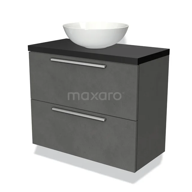 Graue Badmöbelset mit schwarzer Platte und keramischem Aufsatzwaschbecken, moderne Ausstrahlung, ideal für stilvolle Bäder.