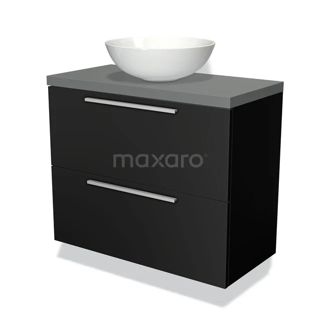 Schwarzer Badschrank mit zwei Schubladen, grauer Platte und weißem runden Aufsatzwaschbecken; modernes Design, ideal für ein stilvolles Badezimmer-Set.