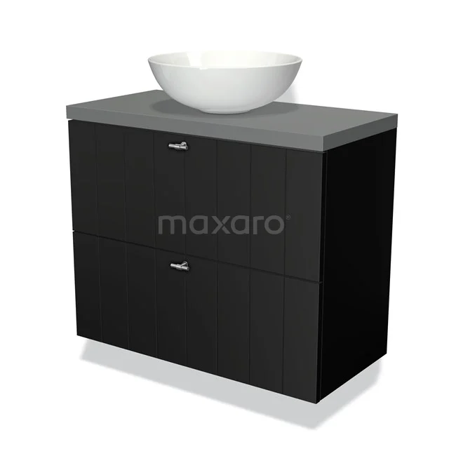 Zwart badkamermeubel met grijs blad en witte waskom, modern design, ideaal voor een stijlvolle en georganiseerde badkamer.