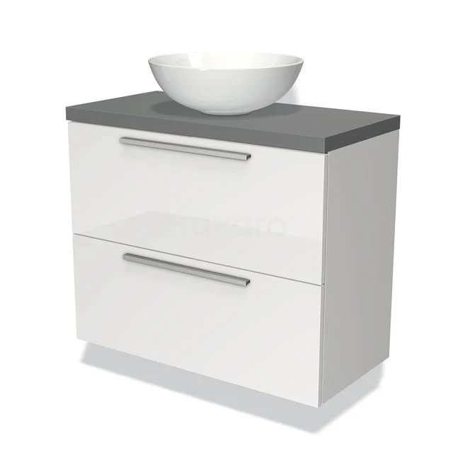 Witte badkamermeubelset met grijs blad en keramische kom, twee lades en moderne rvs handgrepen voor een stijlvolle badkamer.