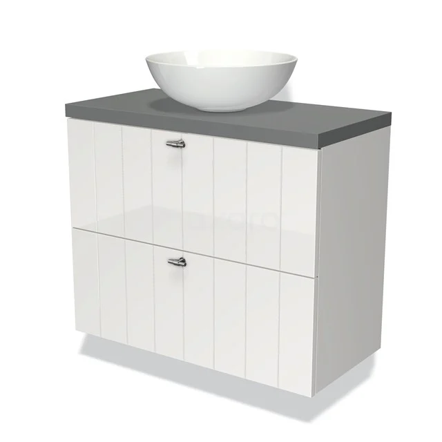 Modulo Plato Slim Badmöbel mit Aufsatzwaschbecken | 80 cm Hochglanz Weiß Lamelle front Mittelgrau blatt 2 übereinanderliegende Schubladen BMK37-01026 Weißes Badezimmermöbel mit grauer Oberseite, keramischem Waschbecken, 2 Schubladen und modernem Design. Perfekt für ein stilvolles Badezimmer.