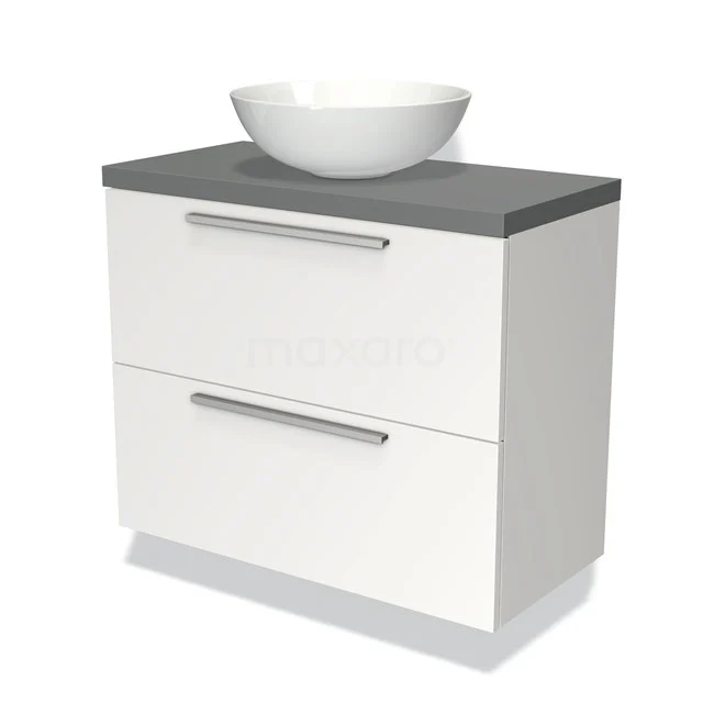 Wit badkamermeubel met grijs blad, twee lades en een ronde wastafel; modern design voor een stijlvolle badkamer.