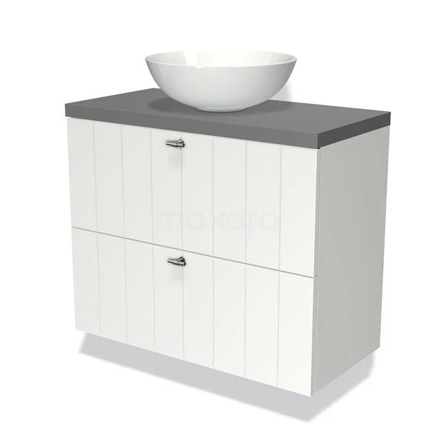 Weißes Badezimmermöbel mit grauer Platte, zwei Schubladen und einem runden Aufsatzwaschbecken; modernes Design und praktisches Format.