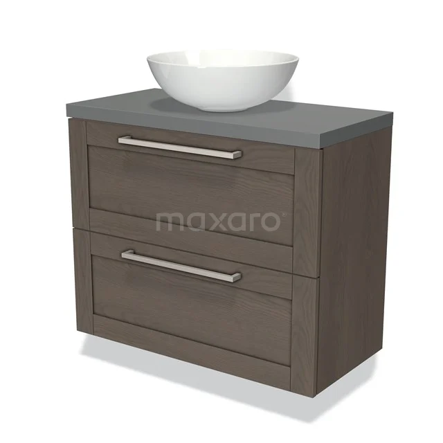Vanity unit wood-look with wide drawers, grey worktop and round countertop basin, perfect addition to a modern bathroom.