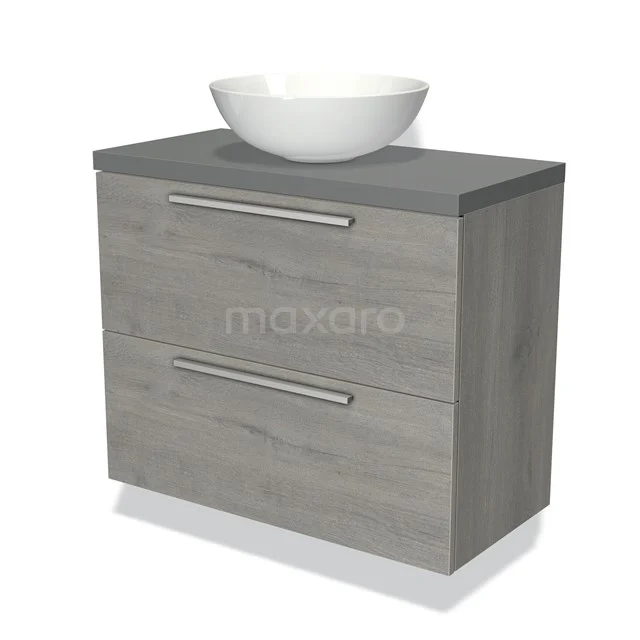 Modulo Plato Slim Badkamermeubel voor waskom | 80 cm Grijs eiken Vlak front Middengrijs blad 2 lades onder elkaar BMK37-01047