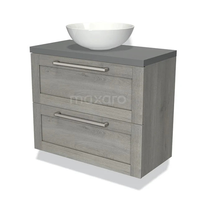 Grey bathroom furniture set with surface-mounted basin, two drawers and wood-look finish for stylish bathroom design.
