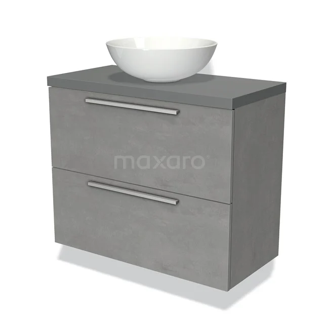 Grijs badkamermeubel met twee lades, strak design, inclusief witte keramische wastafel; ideaal voor een moderne badkamer.