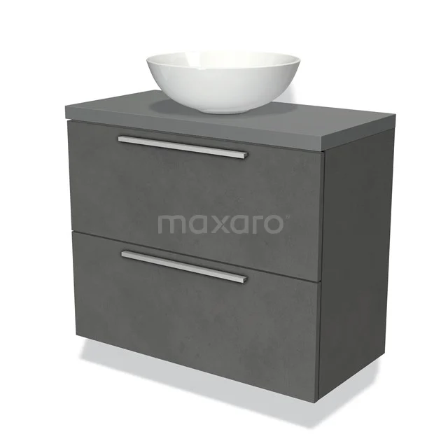 Grijze badkamerkast met twee lades en een witte waskom, modern design in betonlook.