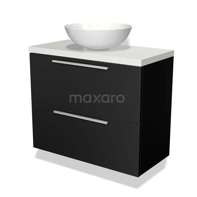 Black bathroom unit with white top, built-in vanity units with basin, ceramic design and two drawer handles for modern bathrooms.