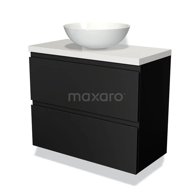 Zwart badkamermeubel met twee lades en witte waskom, strak design, ideaal voor moderne badkamers.