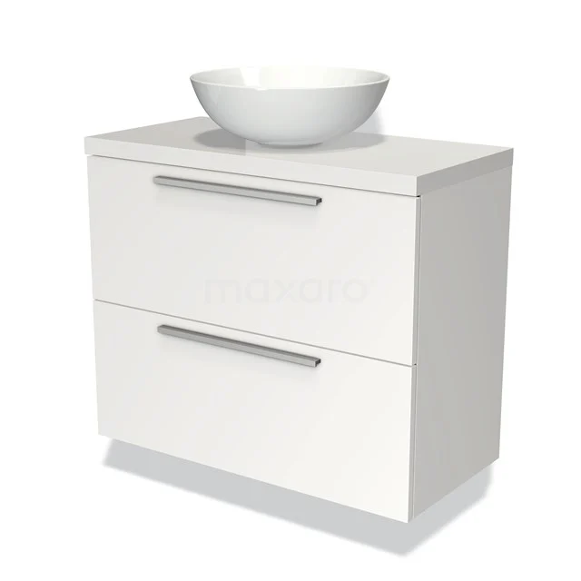 Weißes Badezimmermöbel mit Aufsatzwaschbecken, 2 Schubladen und metallischen Haltegriffen, modernes Design, ideal für eine schlichte Badezimmergestaltung.