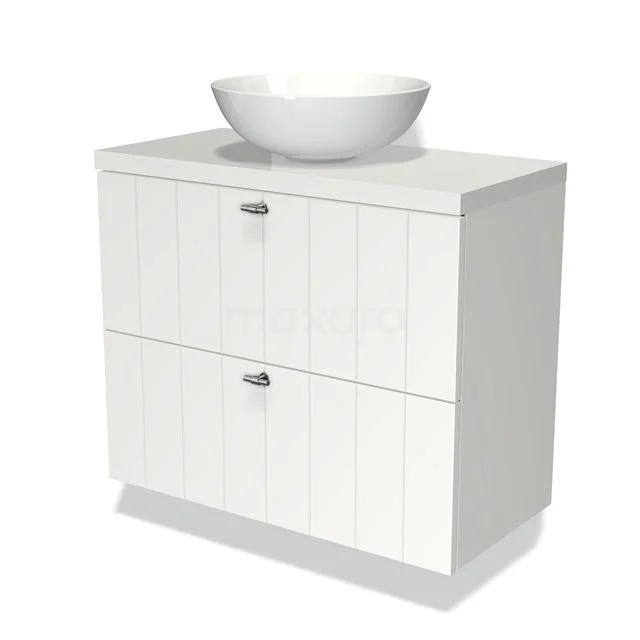 Badmöbel mit Konsole 80cm Modulo Plato Slim Matt Weiß 2 Schubladen Laminat BMK37-01058 Weißes Badezimmermöbel mit zwei Schubladen und Aufsatzwaschbecken, modernes Design aus hochwertigem Material.