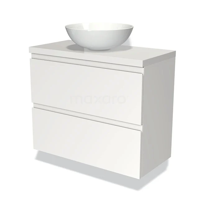 Weißes Badezimmermöbel mit rundem Aufsatzwaschbecken, modernes Design und Soft-Close-Schubladen, ideal für eine schlichte Badezimmergestaltung.