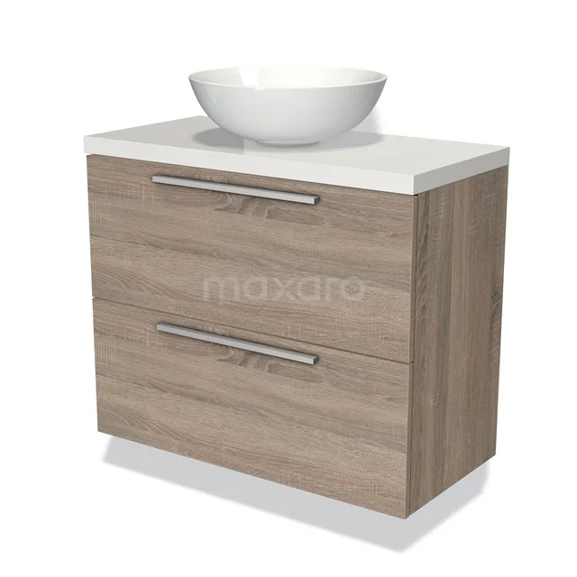 Modulo Plato Slim Badkamermeubel voor waskom | 80 cm Eiken Vlak front Hoogglans wit blad 2 lades onder elkaar BMK37-01066