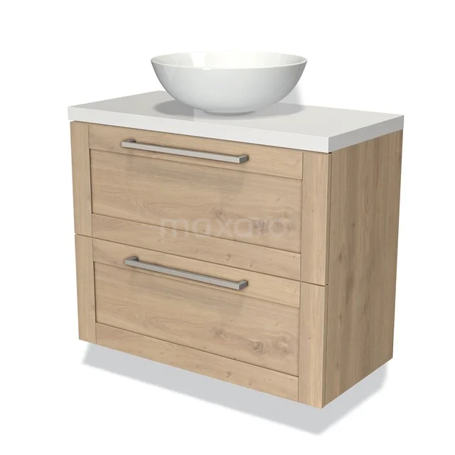 Wooden bathroom unit with white ceramic countertop wash basin, two drawers and metal handles for stylish and practical bathroom storage.