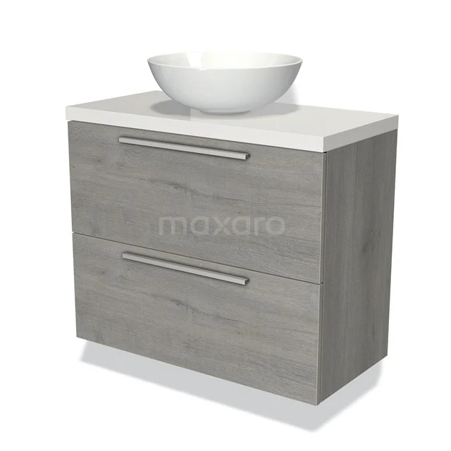 Grey wooden bathroom unit with white ceramic countertop wash basin, two drawers and chrome handles.