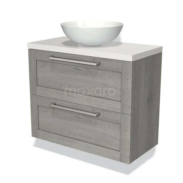 Modulo Plato Slim Badmöbel mit Aufsatzwaschbecken | 80 cm Graue Eiche Rahmen front Hochglanz Weiß blatt 2 übereinanderliegende Schubladen BMK37-01077 Graues Holz Badezimmermöbel mit zwei Schubladen und weißem Aufsatzwaschbecken, modernes Design.