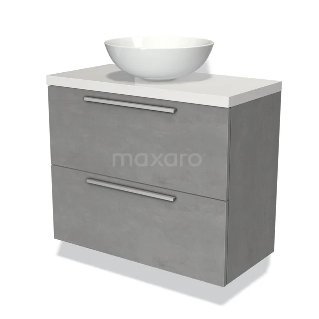 Grijs badmeubel met twee lades, keramische wastafel en modern design, perfect voor een stijlvolle badkamer.