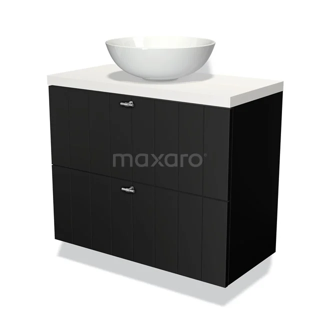 Modulo Plato Slim Vanity units for countertop basin | 80 cm Matte black Slat front Matte white worktop 2 Stacked drawers BMK37-01081
