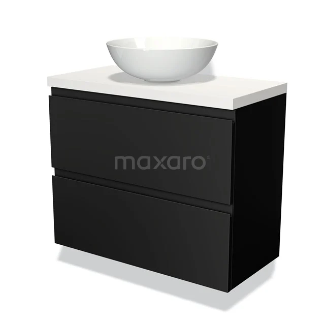 Modulo Plato Slim Vanity units for countertop basin | 80 cm Matte black Handle-less front Matte white worktop 2 Stacked drawers BMK37-01082