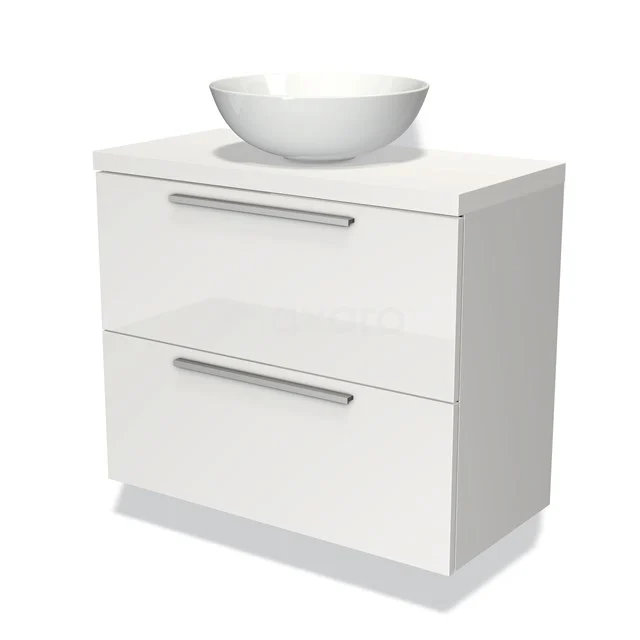 Modulo Plato Slim Badmöbel mit Aufsatzwaschbecken | 80 cm Hochglanz Weiß Flach front Matt Weiß blatt 2 übereinanderliegende Schubladen BMK37-01086 Weißes Badezimmermöbel mit keramischer Schüssel, minimalistisches Design und praktischen Schubladen, ideal für moderne Bäder.