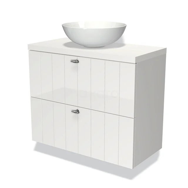 Weiß glänzendes Badmöbel mit rundem Aufsatzwaschbecken, zwei Schubladen und chromfarbenen Haltegriffen, ideal für einen modernen Badezimmerstil.