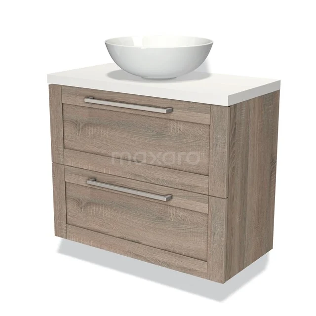 Modulo Plato Slim Vanity units for countertop basin | 80 cm Oak Frame front Matte white worktop 2 Stacked drawers BMK37-01096