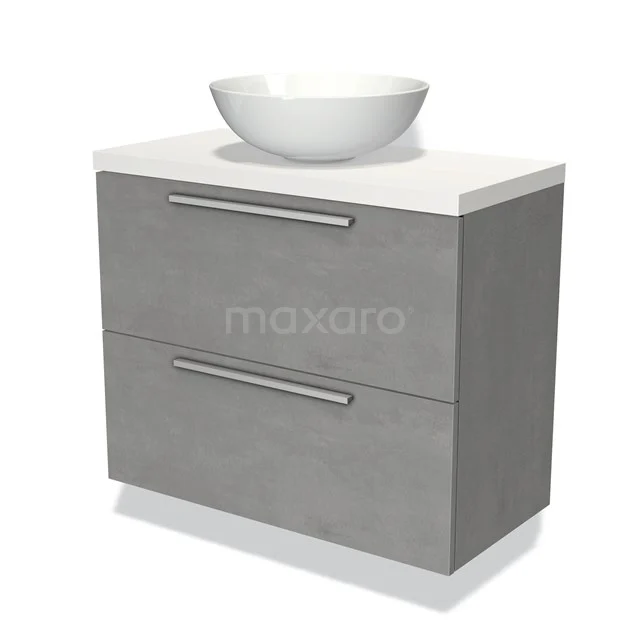 Modulo Plato Slim Vanity units for countertop basin | 80 cm Light grey concrete Flat front Matte white worktop 2 Stacked drawers BMK37-01107