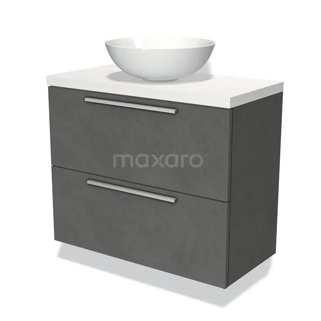 Modulo Plato Slim Vanity units for countertop basin | 80 cm Dark grey concrete Flat front Matte white worktop 2 Stacked drawers BMK37-01108