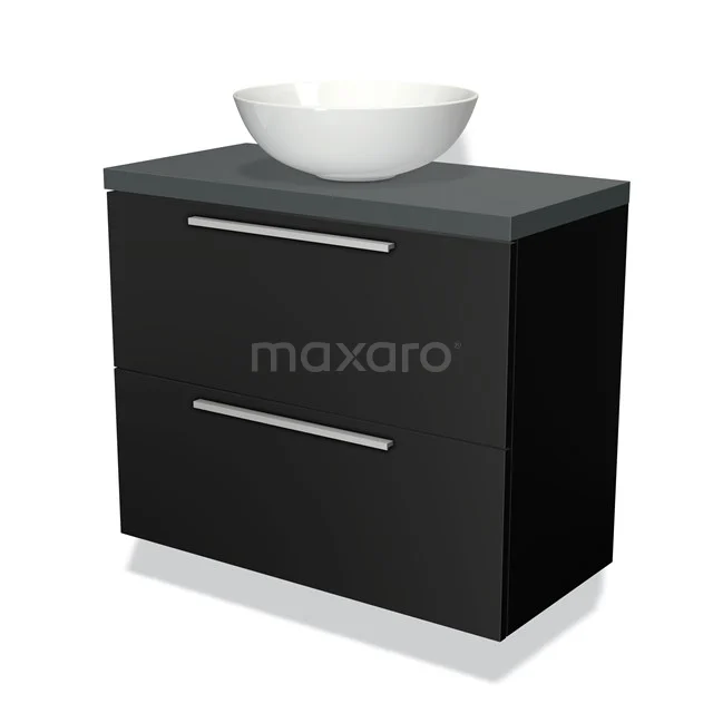 Zwart badkamermeubel met grijze bovenkant, witte ronde waskom en dubbele lades, modern design voor stijlvolle badkamers.
