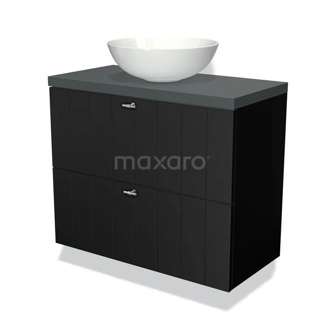 Badmöbel mit Konsole 80cm Modulo Plato Slim Matt Schwarz 2 Schubladen Laminat BMK37-01110 Schwarze Badmöbelset mit matter Oberfläche, zwei Schubladen und einem weißen Aufsatzwaschbecken; stilvolles und modernes Design.