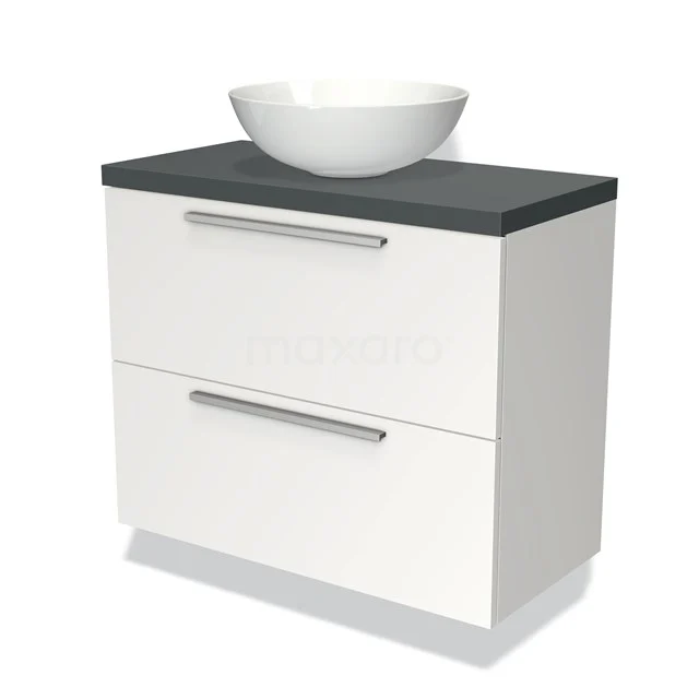 Wit badkamermeubel met grijs blad, keramische waskom en twee lades, modern design voor een stijlvolle badkamer inrichting.