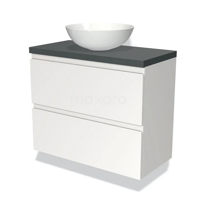 Waschtischunterschrank mit Konsole 80cm Modulo Plato Slim Matt Weiß 2 Schubladen Grifflos BMK37-01120 Weißes Badmöbel mit 2 Schubladen, schwarzer Steinoptik Waschtischplatte und weißer Aufsatzschale für eine moderne und stilvolle Badezimmergestaltung.