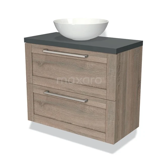 Houten badkamermeubel met natuursteen blad, twee lades en opbouw waskom, ideaal voor moderne badkamerinrichting.