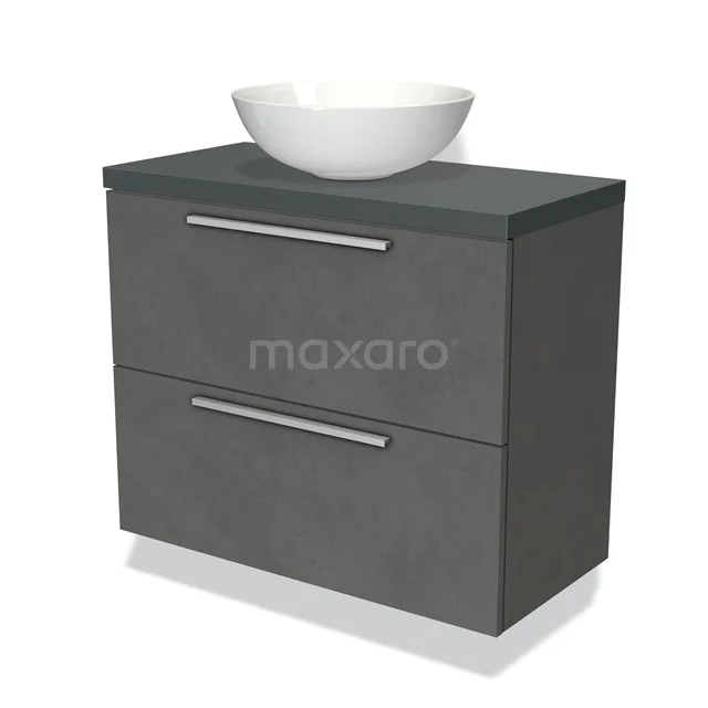 Grijze hangende badkamerkast met mat donker oppervlak, twee laden en witte keramische kom, ideaal voor moderne badkamers.