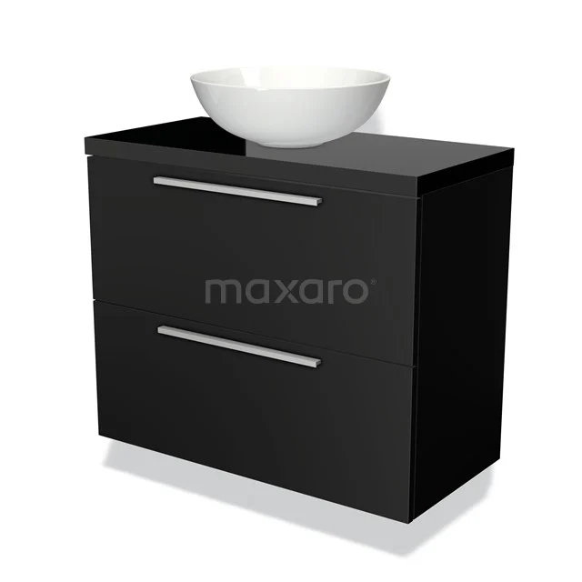 Badmöbel mit Konsole 80cm Modulo Plato Slim Matt Schwarz 2 Schubladen Flach BMK37-01138 Schwarzes Badezimmermöbel mit glänzender Oberfläche, zwei Schubladen und weißem, schalenförmigem Waschbecken; modernes Design für stilvolle Sanitäranlagen.