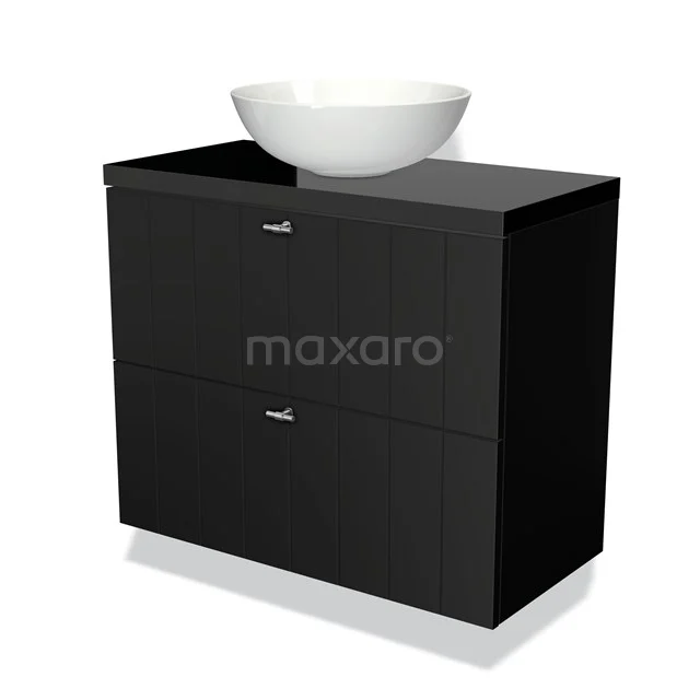Zwarte badkamerkast met twee lades, keramische wastafel in ovaal ontwerp, modern design, perfect voor compacte badkamers.