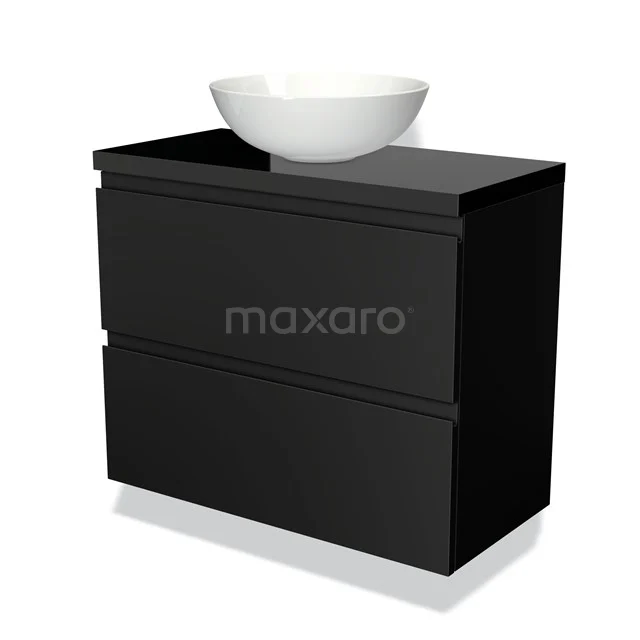 Zwarte badkamermeubel met keramische waskom, modern design, minimalistische afwerking en twee ruime lades voor opbergruimte.