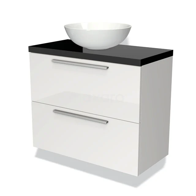 Weißes Badezimmermöbel mit schwarzer Platte und rundem Aufsatzwaschbecken, modernes Design mit zwei Schubladen. Perfekt für jedes stilvolle Badezimmer.