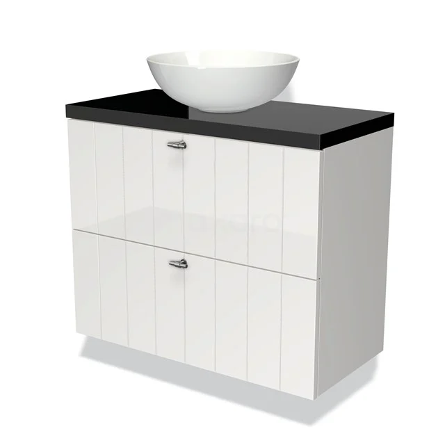 Wit wastafelmeubel met zwarte bovenkant, ronde komvormige wastafel, modern design, ideaal voor een stijlvolle badkamer.